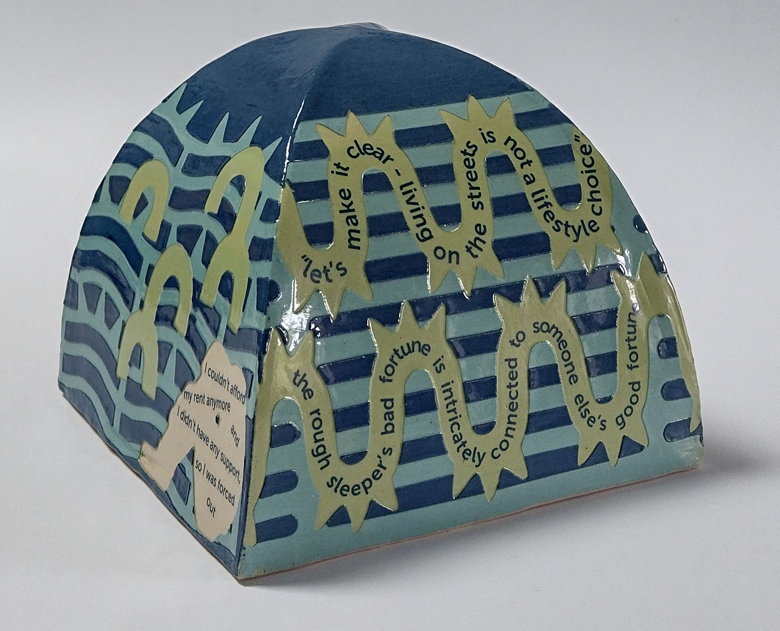 Homes Homeless Blue. Slab built stoneware, slips, stencils and decals